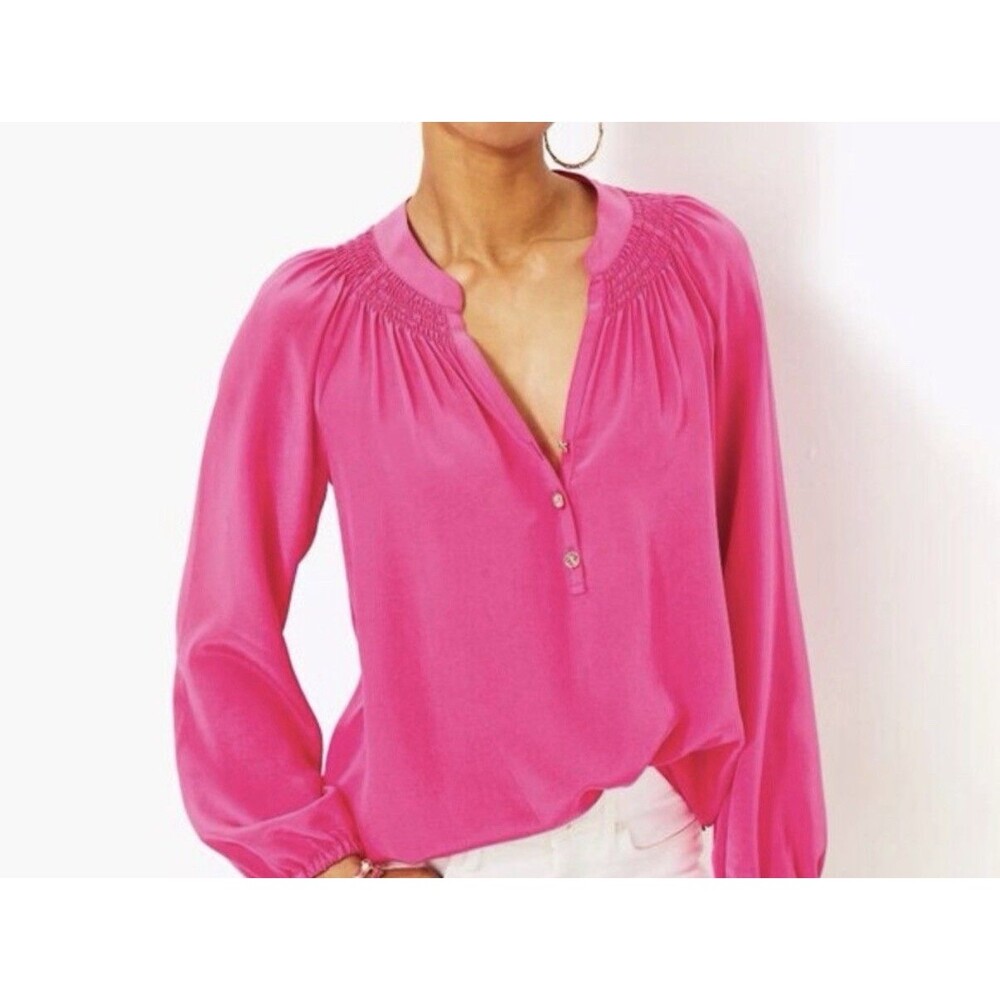 Worthington Womens Petite PL Pink Solid Split Neck Ruffle 3/4 Sleeve Blouse